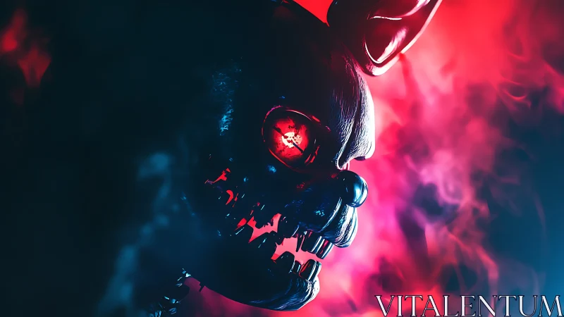 Mechanical rabbit skull with illuminated red eye is shown