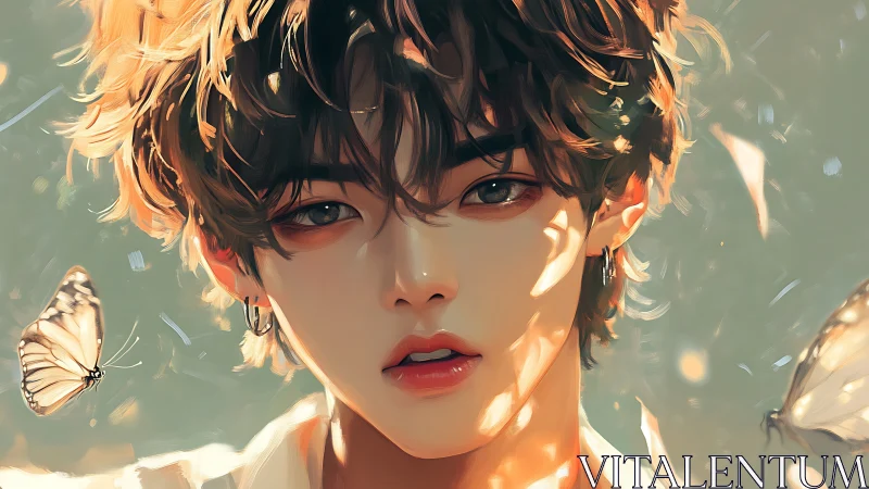 Sunlit youth gazes through drifting butterflies and light.