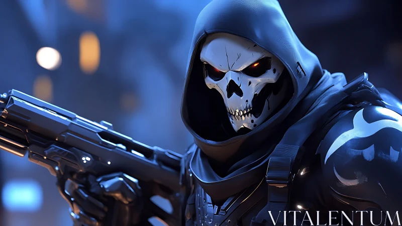 Cyber skull marksman stalks neon city in armored stealth