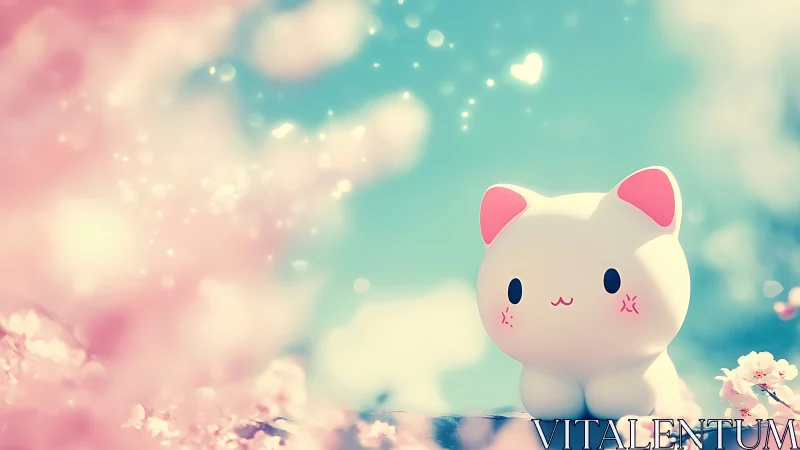 Cartoon cat figurine sits among pink blossoms in soft focus