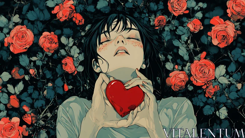 Young Soul Holds a Crimson Heart Among Blooming Roses