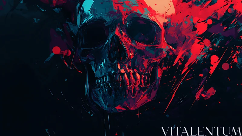 Neon skull portrait with violent red abstract splashes.
