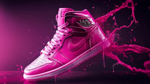 Hot pink sneaker splash in vivid sports product render.