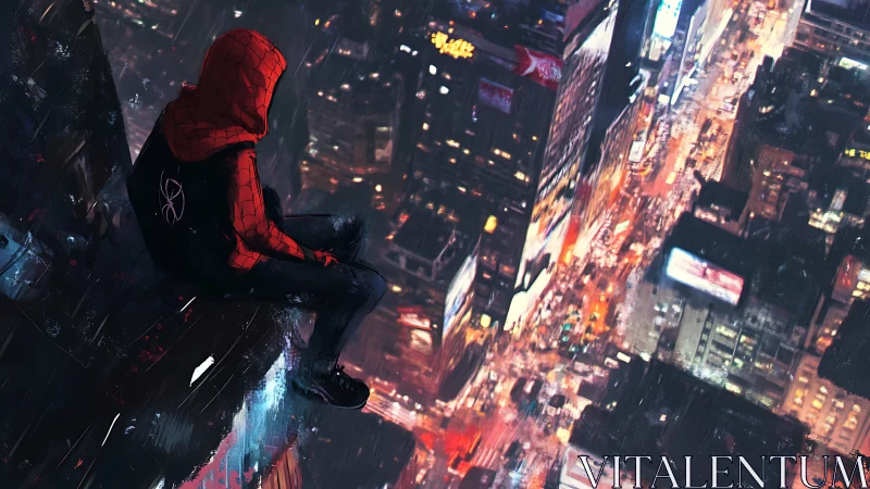 Night hero perches above the glowing city in quiet thought