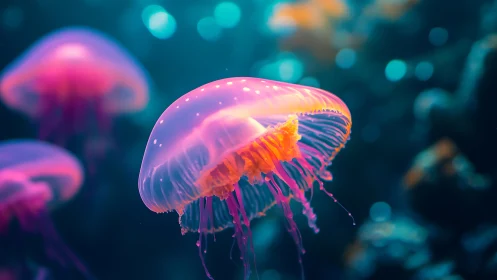 Neon jellyfish drifting through luminous blue ocean.