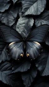 Midnight monarch resting on velvet leaves of shadowed dusk.