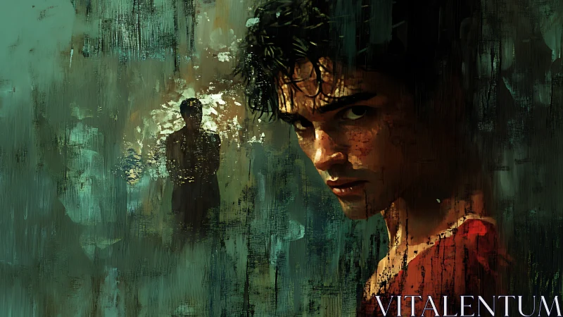 Glitched brushstroke portrait shows tense male gaze in teal noise