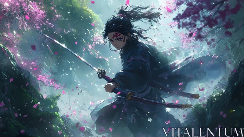 Samurai warrior readies katana under falling cherry petals.