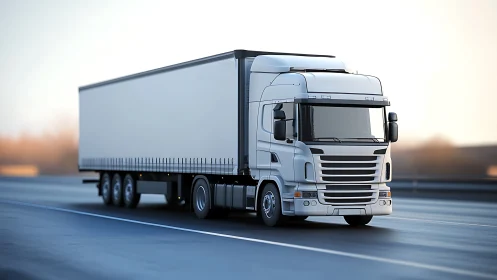 Streamlined white semi truck on highway at soft sunrise.