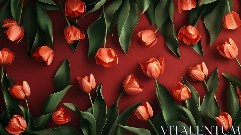 Red Tulips Against Burgundy Background.