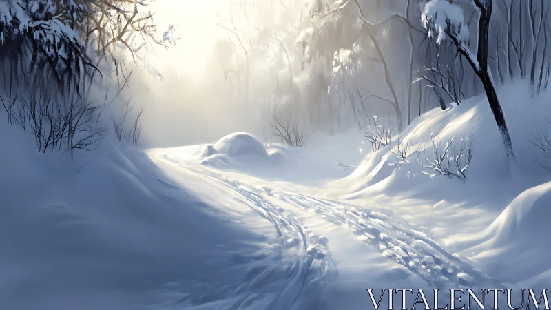 Snow-covered forest path with drifting accumulation.