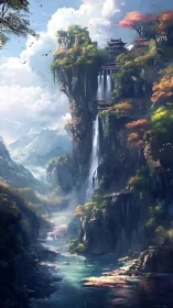 Mountain temple terraces overlook cascading river gorge