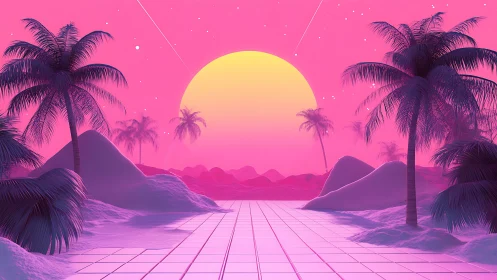 Neon tropical sunset over synthwave grid shoreline.
