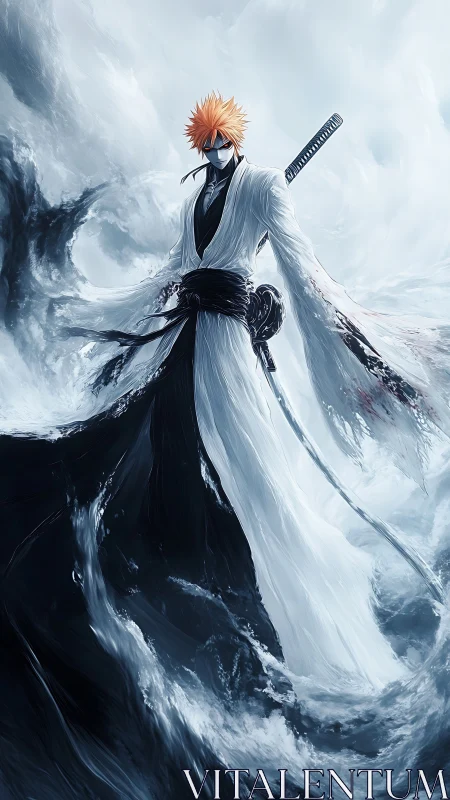 Stormforged swordsman strides through swirling spirit tide.