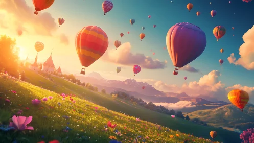 Hot air balloons over alpine meadow at golden hour sunrise