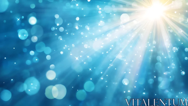 Radiant Sunlight Burst Over Blue Abstract Bokeh Background.