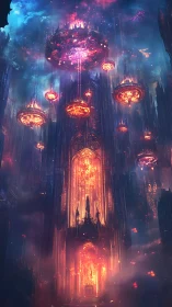 Burning cosmic cathedral with suspended molten orbs above