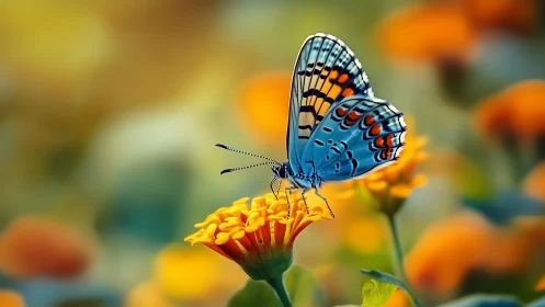 Blue butterfly on orange flower in soft garden light.