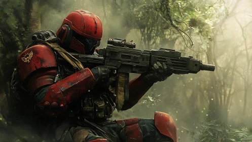 Armored red soldier aims tactical rifle in dense jungle