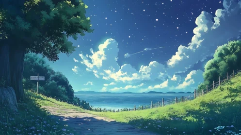 Starlit coastal path curves toward a tranquil, moonlit sea.