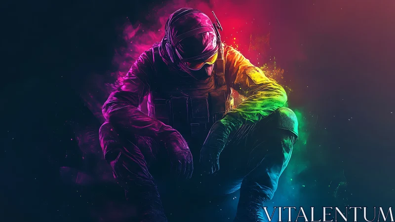 Neon armored soldier crouching in vibrant colored smoke.