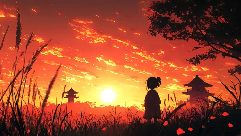 Silhouetted child before pagodas in saturated sunset field.
