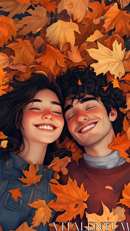Two people lying in autumn leaves smiling with eyes closed