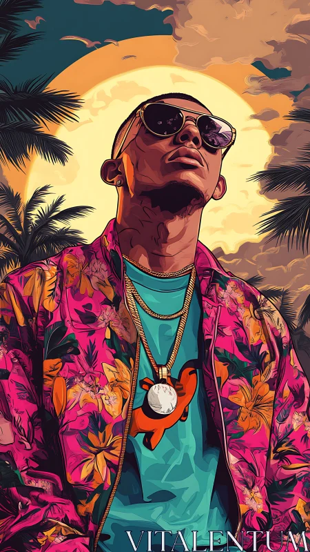 Chromatic street portrait under stylized tropical solar halo.