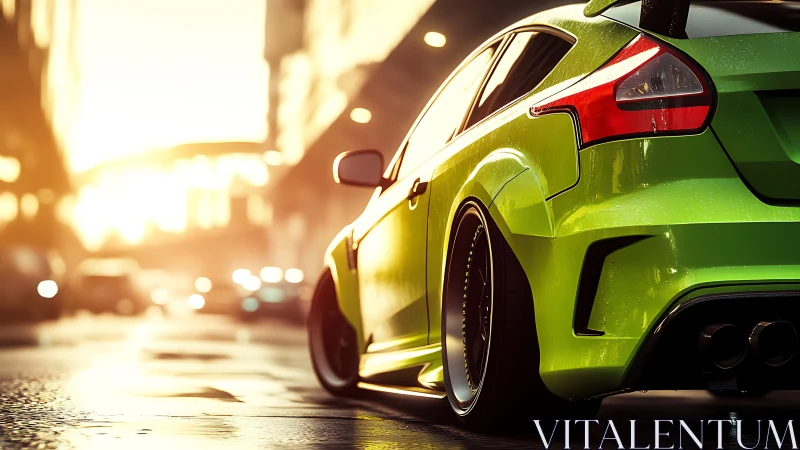 Lime green street racer at golden hour in wet cityscape.