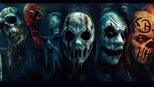 Grotesque masked horrors in cinematic neon underlighting.