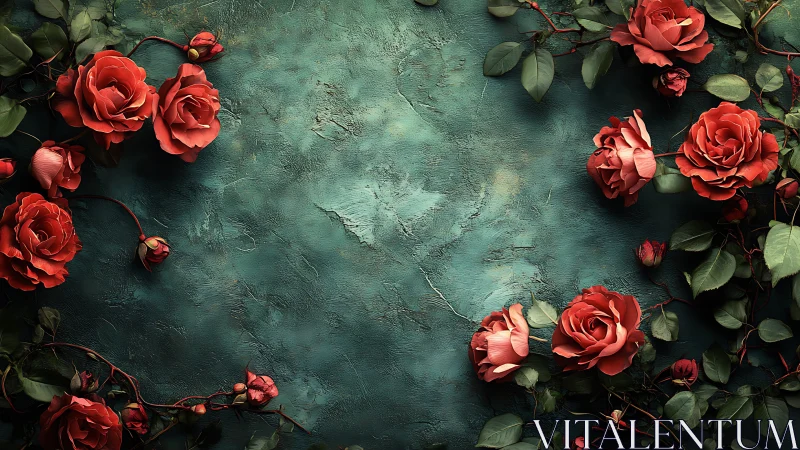 Red roses arranged on distressed teal surface.