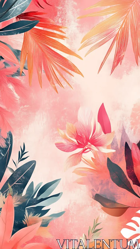 Tropical leaves and flowers on soft pink abstract background.