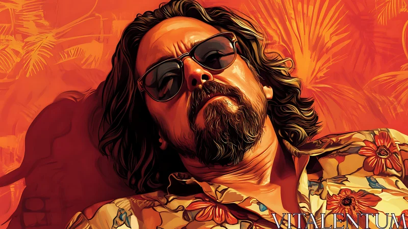 Laid-back bearded man in sunglasses under orange glow.