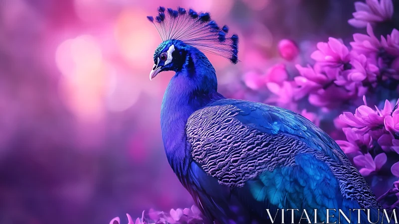 Vibrant peacock in dreamy purple floral garden, soft bokeh style.