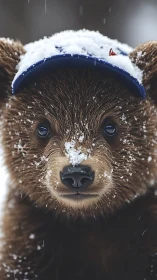 Snowy bear cub in a cap, gazing straight into winter.