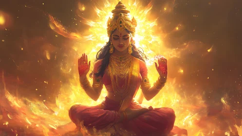 Goddess figure meditates in a seated pose within intense fire