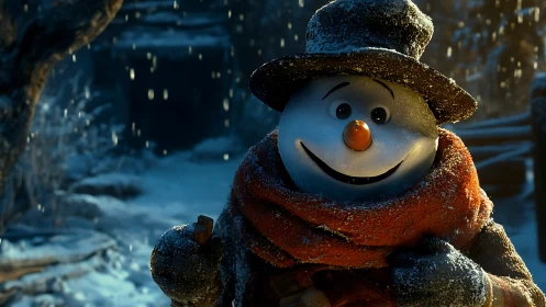 Smiling winter snowman wrapped in a cozy red scarf.