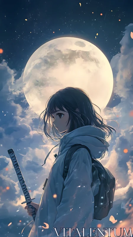 Moonlit swordswoman walks through glowing clouds at dusk.