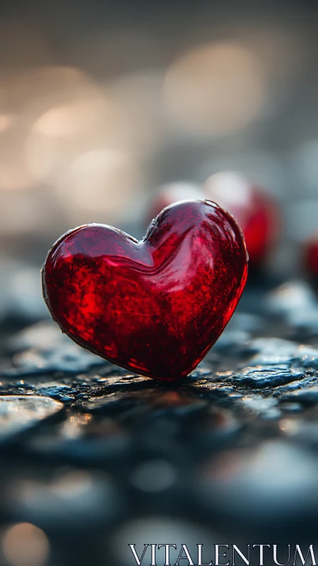 Crimson Glass Heart Rests Upon Wet Stone Surface.