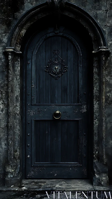 Gothic wooden door stands weathered beneath stone archway.