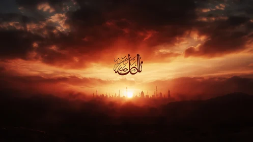 Crimson dawn over distant minarets and floating calligraphy.