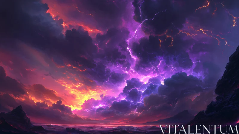 Storm-lit cosmic horizon where violet lightning crowns dusk.