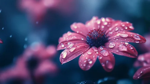 Macro-photographed Pink Petaled Flower With Spherical Water Droplets and Teal Bokeh Ambient