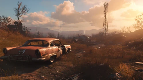 Rusted highway ghost under a burning afterworld sky.