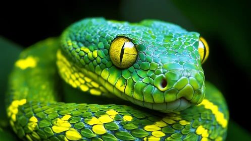 Green viper head rendered in detailed close-up macro view