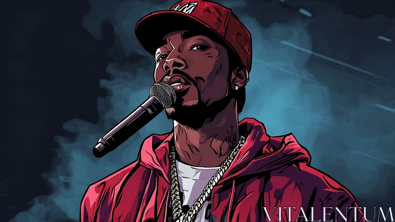 Rapper in red jacket sings into microphone on smoky stage