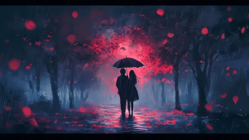 Couple Under Umbrella in Rainy Night Forest Glowing Red