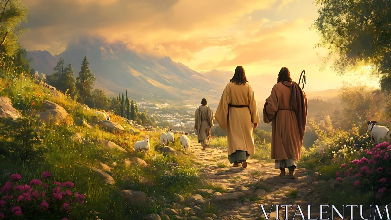 Disciples walking a stone path toward a distant valley at dawn.