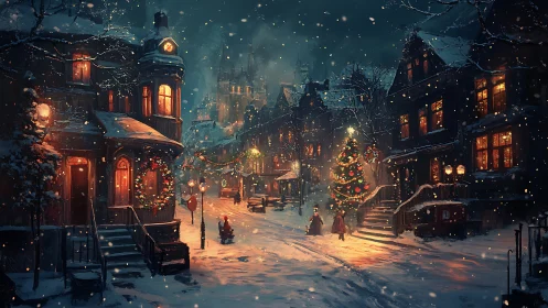 Snowy Victorian street glows under warm Christmas lights