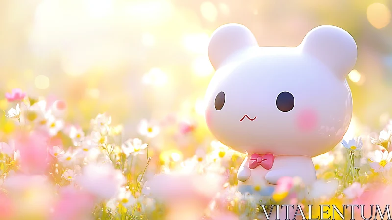 Pastel bear figurine bathed in dreamy spring meadow light.